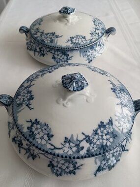 Two Vintage Porcelian Blue and White Floral Lidded Tureens